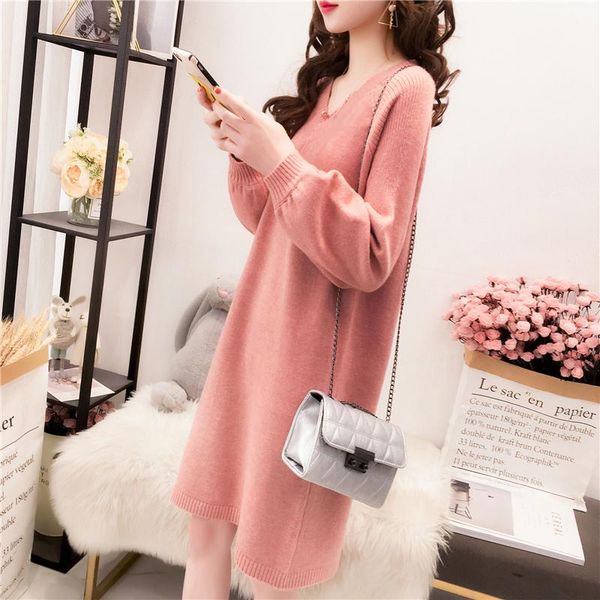 

casual dresses heydress autumn v neck sweater dress women 2021 solid color loose female pullover knit vestido, Black;gray