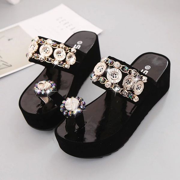 

luxury slippers 2021 diamond sho muffin thick women's fashion toe sandals, Black