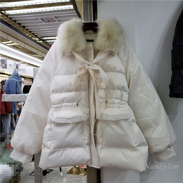 

white down cotton-padded jacket women new winter korean loose mid-length parkas genuine sequined fur collar students, Black;brown