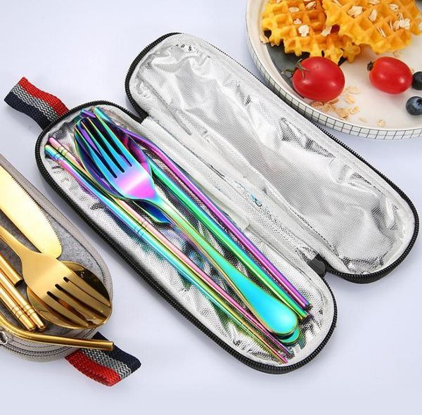 

portable flatware set 5 colors tableware 8pcs/sets outing dinnerware stainless steel straw brush spoon fork chopsticks knife