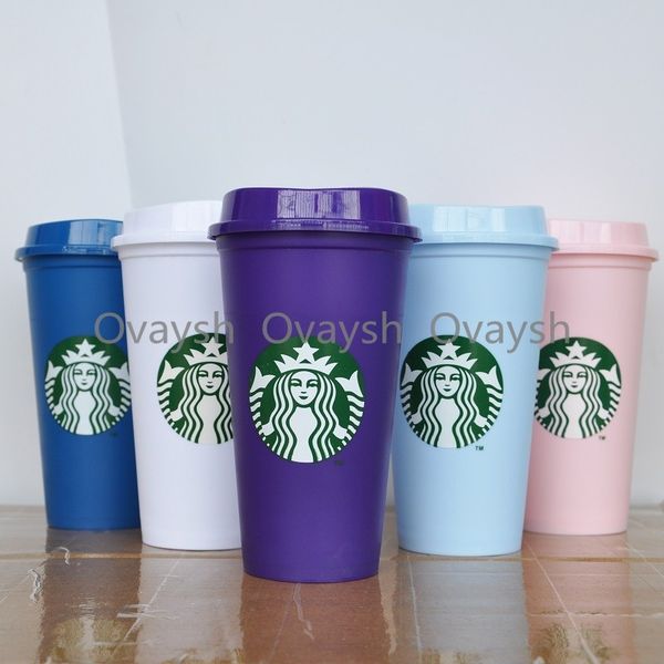 

starbucks 16oz/473ml plastic tumbler reusable change color drinking flat bottom cup pillar shape lid straw mug bardian