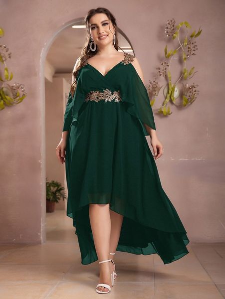 

plus sequin applique cold shoulder high low chiffon prom dress l8ti#, Black