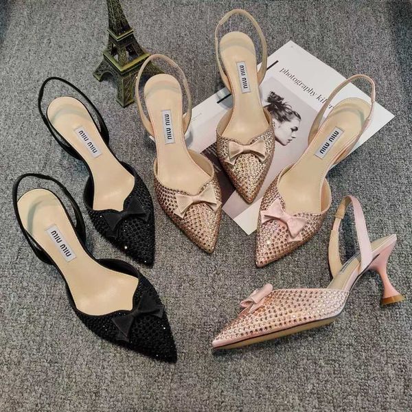 

diamond bow high heels new summer 2021 sandals women's pointed thin heel back hollow single shoe zlh, Black