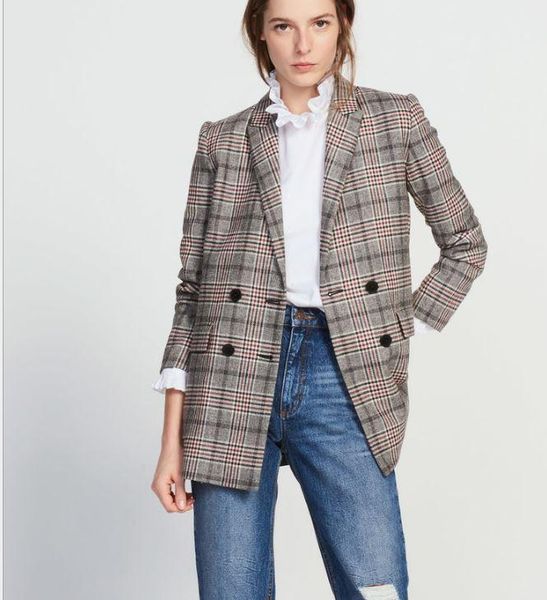 

women's suits & blazers brand fashionable dress high-end luxurious autumn british vintage checked plaid wool coat, White;black
