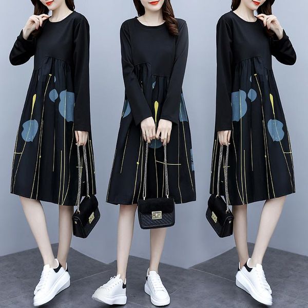

casual dresses cotton loose plus size women's mid-length dress fashion long sleeve printing o-neck summer houthion, Black;gray