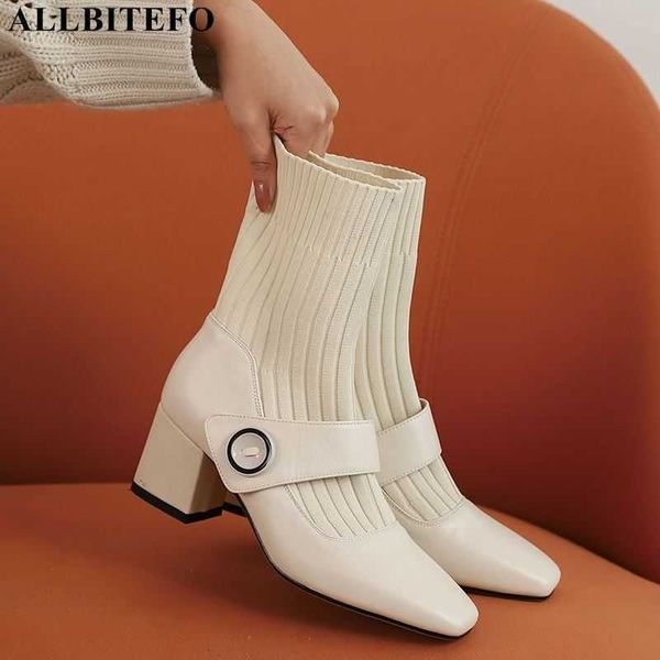 

allbitefo knitted wool + genuine leather women boots autumn fashion women white high heel shoes women heels shoes ankle boots 210611, Black