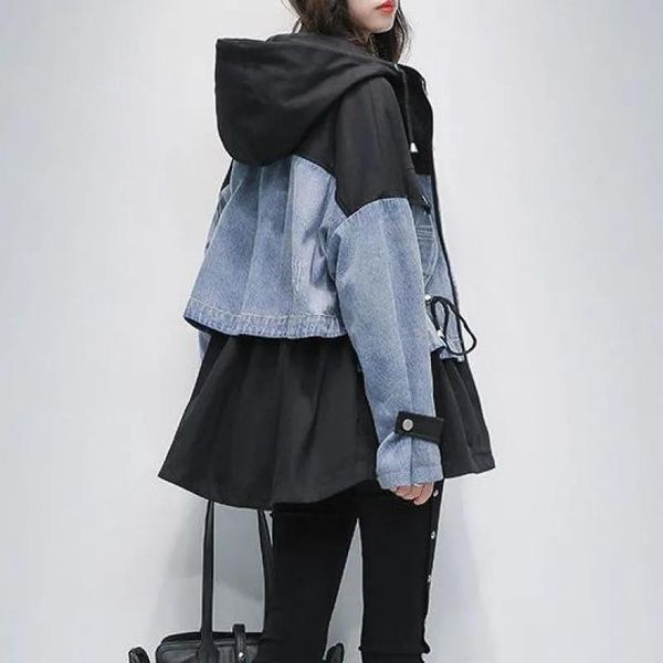 

women's vests women hooded jean denim stitching jacket female fashion windbreaker mid-length waisted coat, Black;white