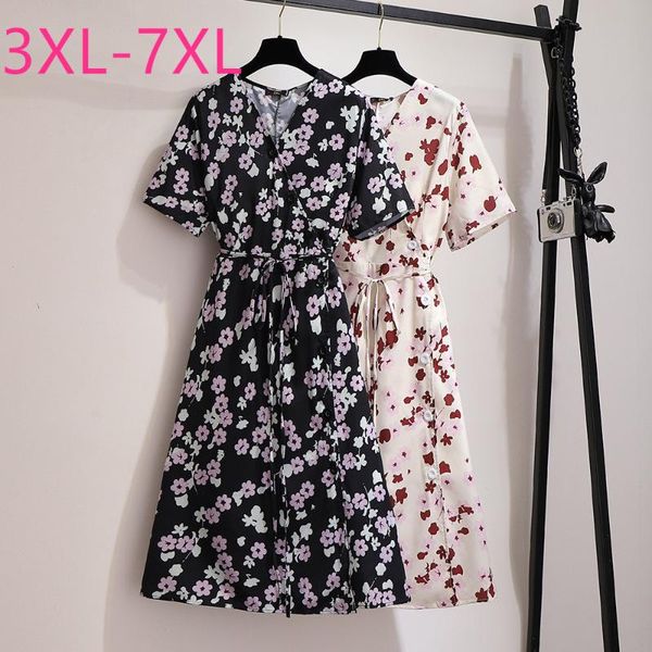 

plus size dresses summer dress for women large loose short sleeve floral print belt black button v-neck midi 4xl 5xl 6xl 7xl