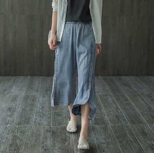 

women's jeans 2021 summer women elastic waist loose split the fork denim pants casual female retro all-match trousers, Blue