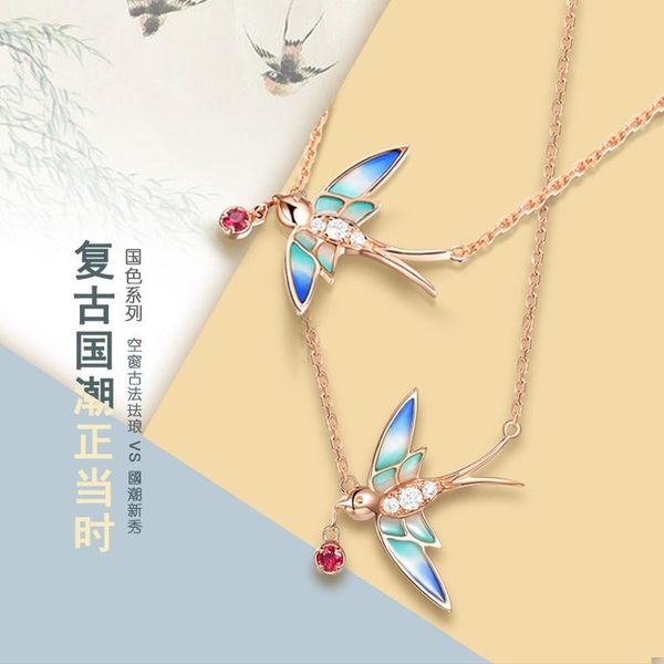 

chains s925 sterling silver necklace women's fashion chinese spring swallow pendant personality enamel clavicle chain