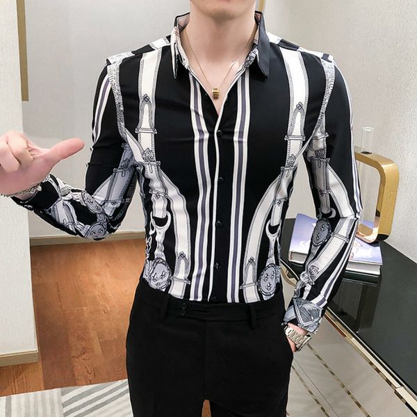 

2021 autumn thin casual men's shirts fit long sleeve striped luxury social party shirt streetwear clothes chemise homme kb92, White;black