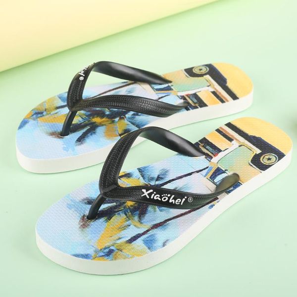 

slippers fashion couple non-slip printed clip toe flip flops flat beach, Black