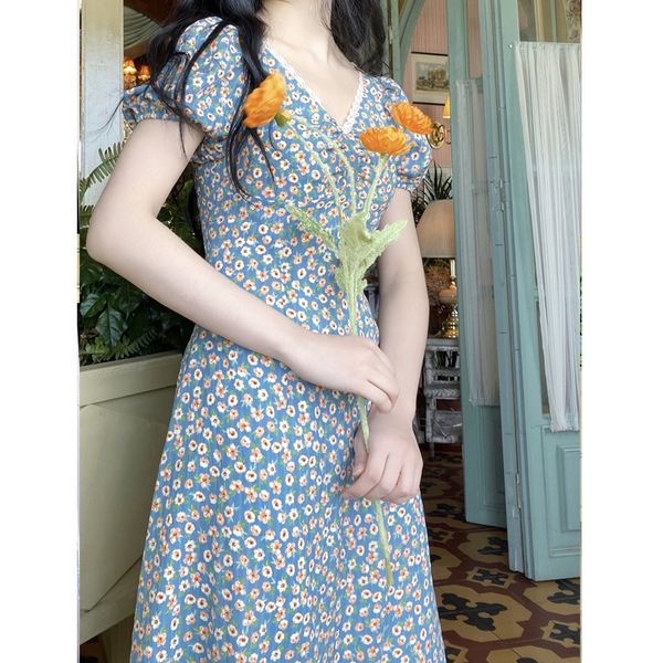 

2021 new women's floral evening , retro, high waist, blue sleeve, v-neck, bubble skirt, elegant, sexy, summer, cqy6, Black;gray