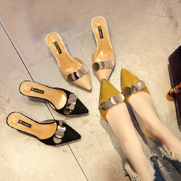 

ladies high heel half slippers 2021 new summer temperament pointed high heel sandals fashion trend women slippers brand shoes, Black