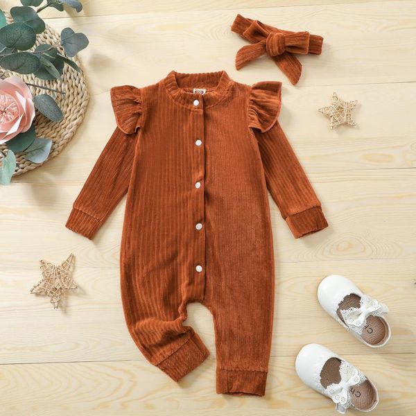

jumpsuits 2 pcs baby girls spring autumn casual clothes set solid color long sleeve button-down velvet romper and headdress, Blue