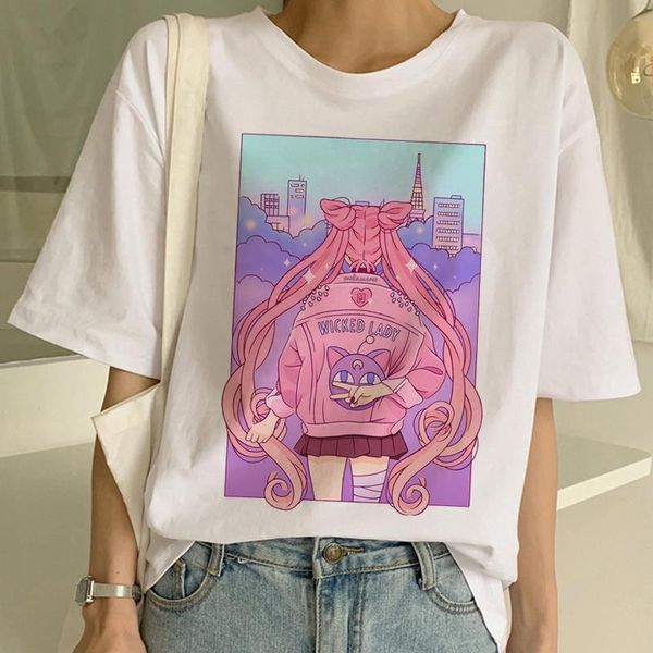 

sailor moon summer new fashion t shirt women harajuku short sleeve funy ulzzang t-shirt cute cat tshirt cartoon tees female, White