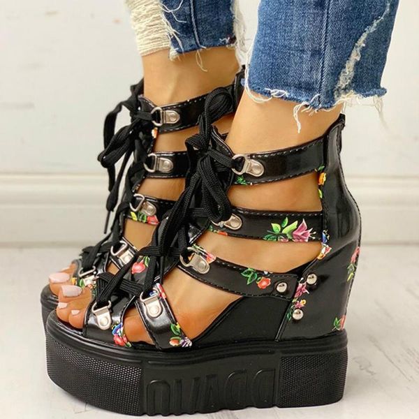 

sandals print leisure wedges women's shoes 2021 summer women platform shoelaces high heels casual woman, Black