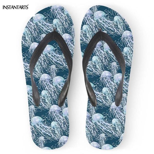 

slippers instantarts street style women's flip flops 3d jellyfish printing brand ladies beach water shoes woman rubber sandals, Black