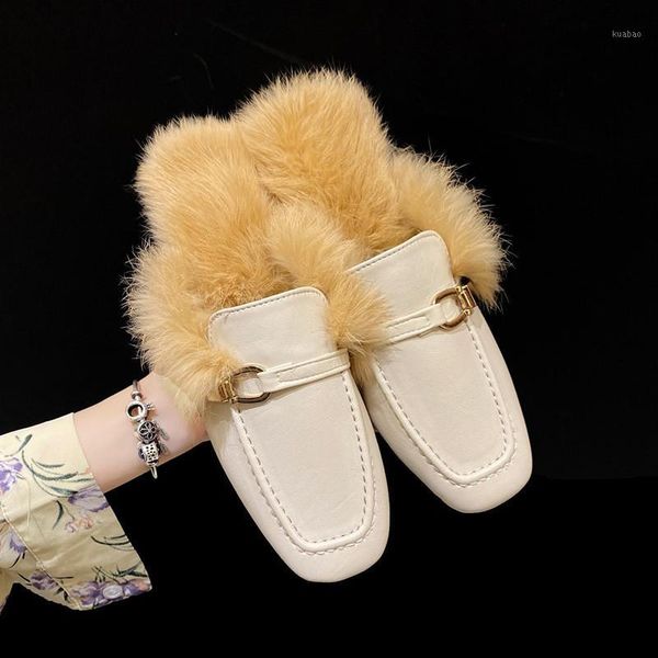 

slippers casual mules for women 2021 slides low rivet female shoes winter footwear fur flip flops luxury massage plush1, Black