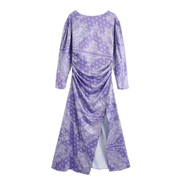

2021 new women vintage print casual o-neck long sleeve split maxi ladies elegant purple midi qysv, Black;gray