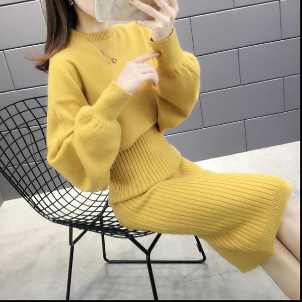 

autumn winter womens long sleeve pullover sweater strap dress sets solid color knit 2 piece set ladies casual knitted suit 1600, Gray