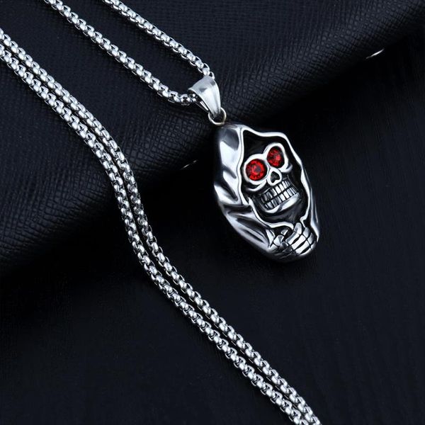 

pendant necklaces retro red eye skull necklace for men women gothic punk halloween gift jewelry accessories, Silver