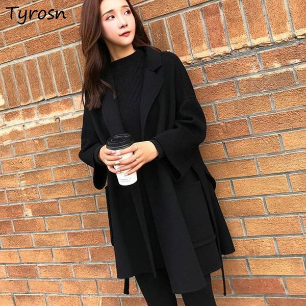 

women's wool & blends women design belt solid black coats temperament sashes pockets all-match casual loose outwear femme japanese styl