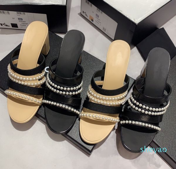

summer new ladies high-heeled sandals leather pearl one-strap sandals 9256, Black