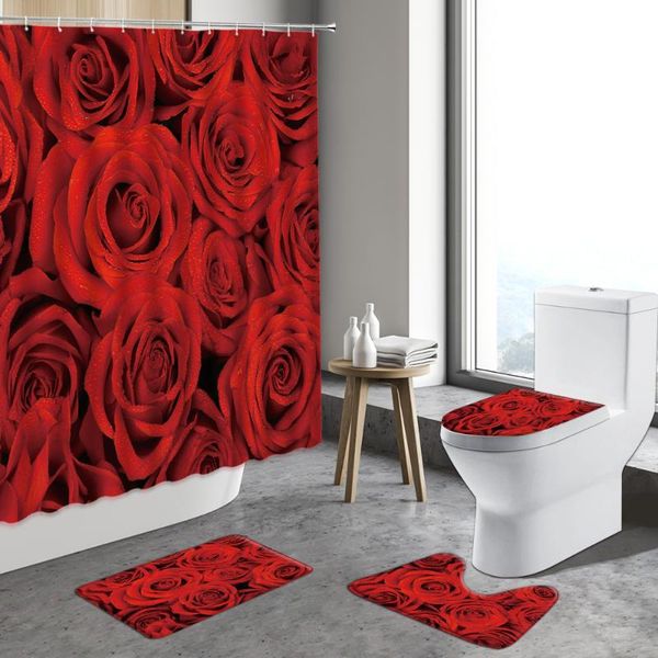 

shower curtains romantic red rose flowers curtain valentine's day floral art decor bathroom non-slip rug toilet cover bath mats foot pa