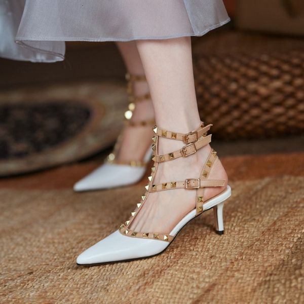 

korean women's thin heel pointed buckle rivet back empty single sho patent leather fashion simple high-heeled baotou sandals, Black