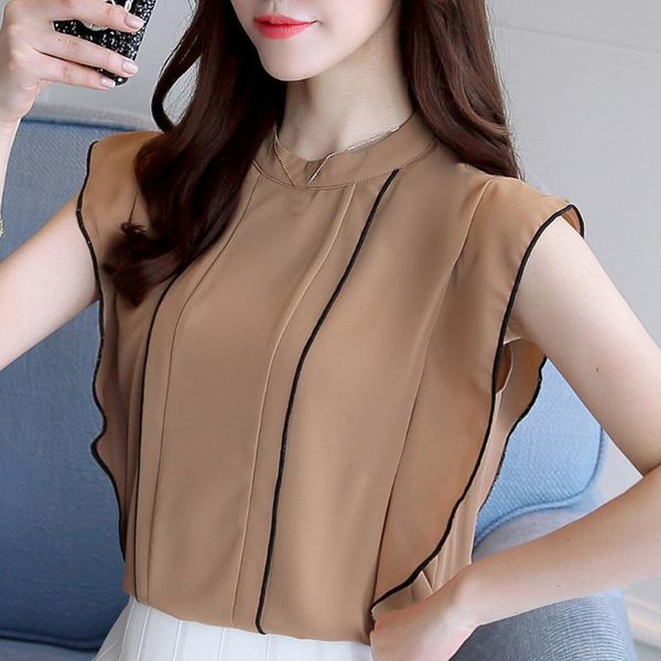 

women's blouses & shirts female blouse ladies ruffled stand collar chiffon sleeveless shirt women fashion 2021 summer elegant casual st, White