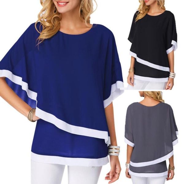 

s-5xl summer fashion women blouse batwing sleeve irregular spliced long shirt black blue plus size women clothing chiffon, White