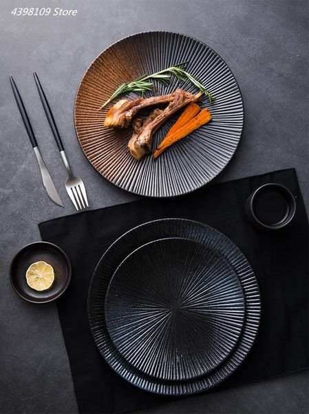 

dishes & plates japanese ceramic tableware western steak dish retro striped disc rice bowl dessert salad kitchen cutlery decorative plate