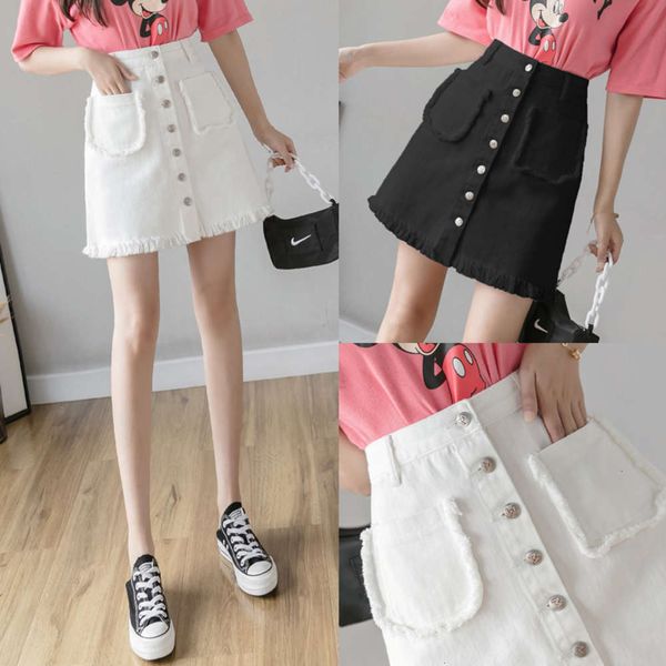 

hip hop thin women's spring waist summer 2021 and new high buttock a-step white denim skirt k, Blue