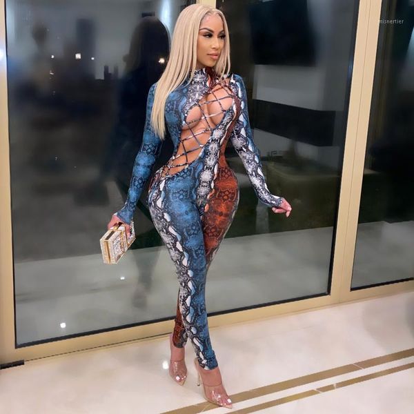

serpentine print bandage rompers womens jumpsuit vintage hollow out lace up bodycon body night club party outfits women's jumpsuits &, Black;white