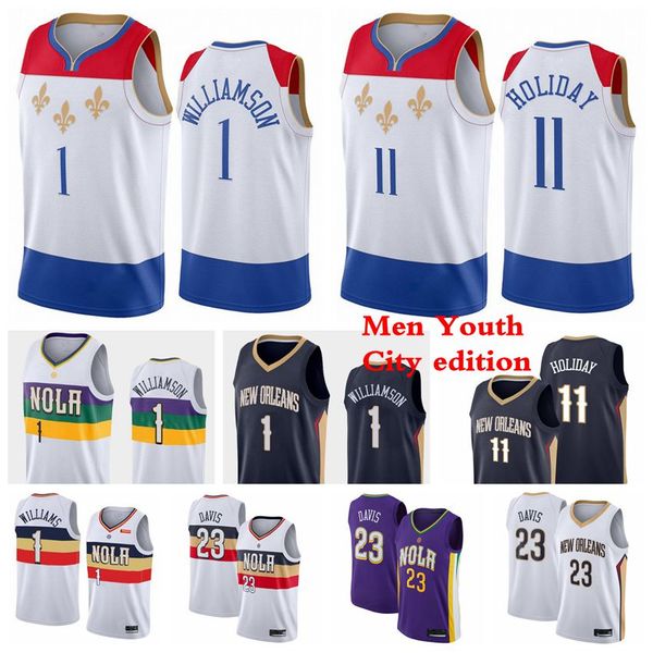 

men kids zion 1 williamson jersey 11 holiday 23 davis city basketball jerseys 2020/21 city new edition jerseys black red white youth s-3xl