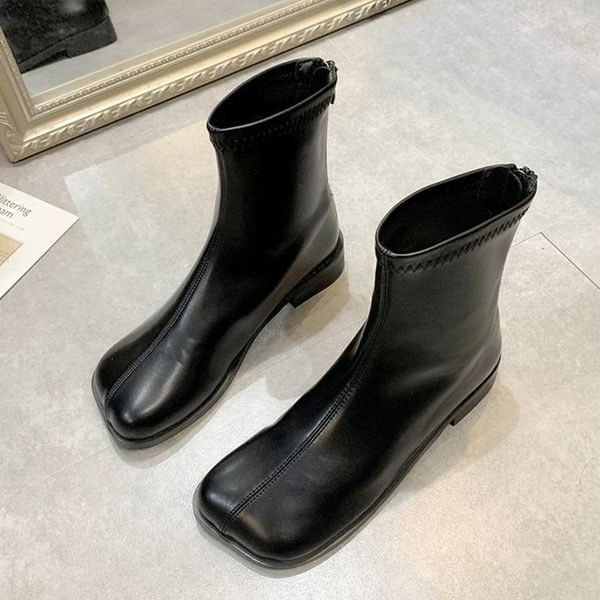 

boots square toe short fashion ladies low heels zipper shoes pu leather casual women ankle botas autumn 2021 female footwear, Black