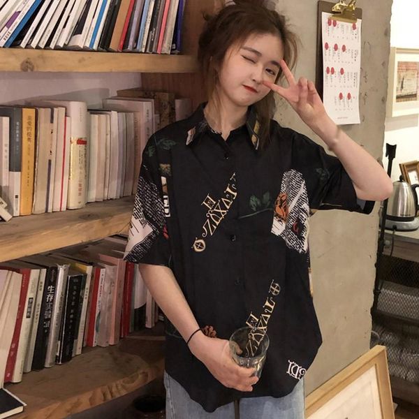 

women's blouses & shirts women cartoon print vintage short sleeve lapel summer single-breasted blouse, White