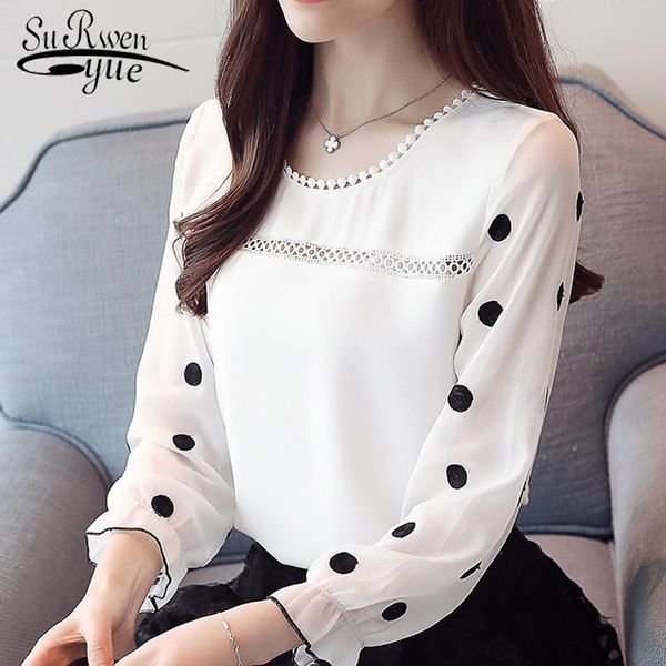 

long sleeve women blouse shirt fashion chiffon women's clothing sweet o-neck black dot white feminine blusas d383 30 210308