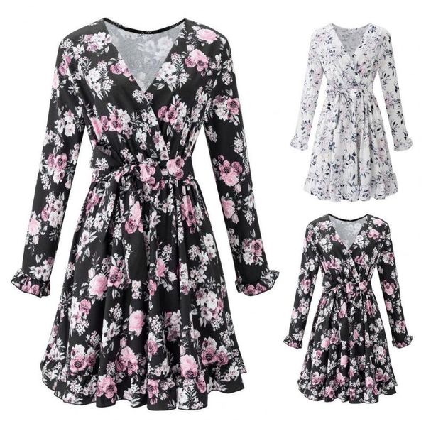 

casual dresses women fashion dress floral print ruffles hem autumn long sleeve v neck bohemian daily dating streetwear party, Black;gray