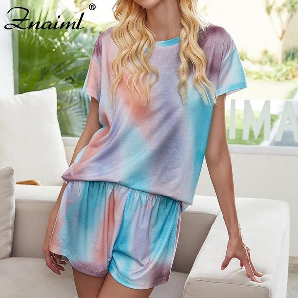 

znaiml short sleeve crop shorts tie dye print colorful sleepwear 2 piece set summer women fashion club streetwear sets 20211, White