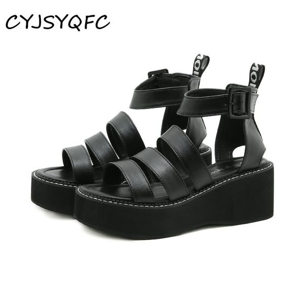 

sandals cyjsyqfc arrival summer wedges for women black gothic style peep toe thick bottom chunky heels platform ladies shoes