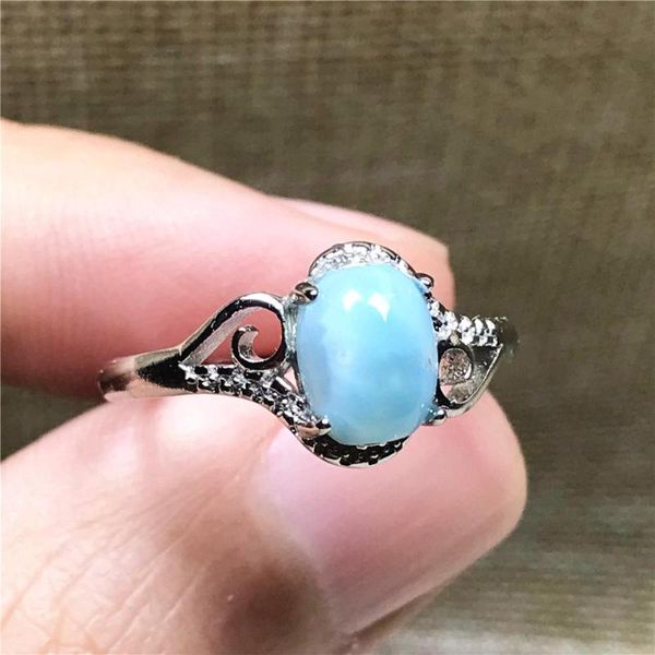 

cluster rings natural blue larimar ring jewelry for woman lady man water pattern stone 8x6mm oval beads crystal silver adjustable, Golden;silver