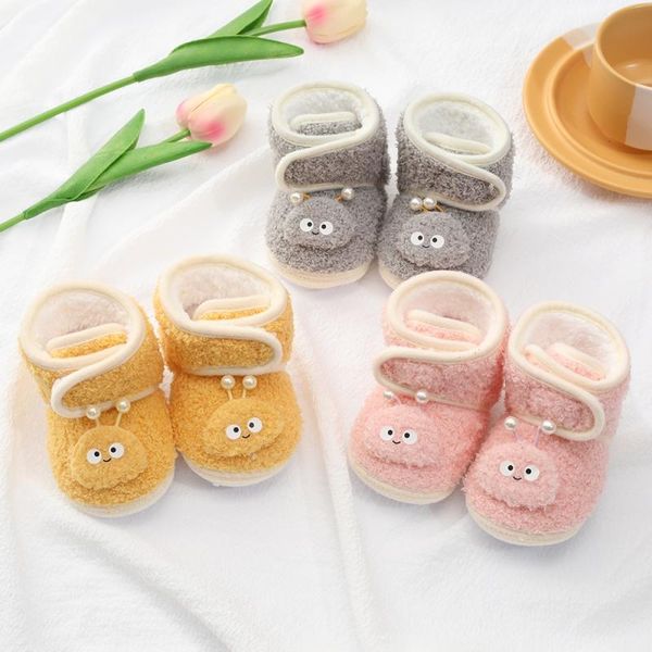 

boots infant fluffy snow winter baby boys girls shoes soft sole fleece first walker cartoon pattern plush prewalker 0-18m, Black;grey