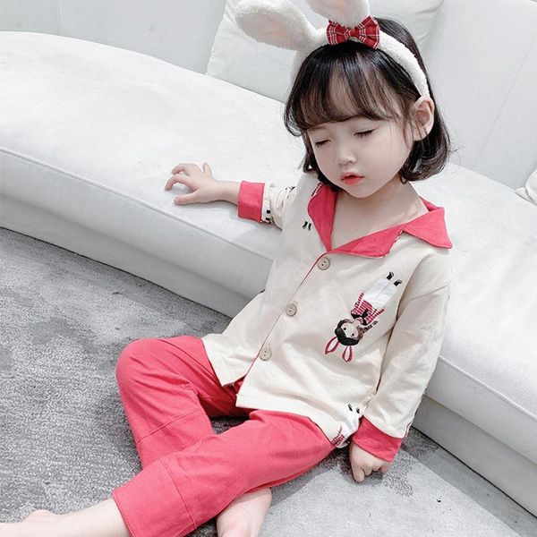 

pajamas girls spring and autumn thin home service suit baby cotton long-sleeved cardigan cartoon two-piece, Blue;red