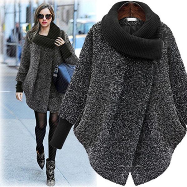 

women's wool & blends large size woolen coat 2021 autumn winter knitted turtleneck thick cashmere cloak female jacket plus, Black