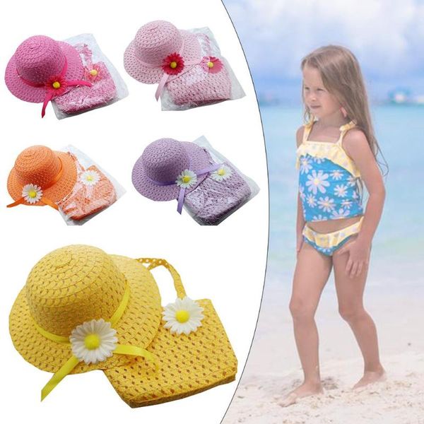 

flower sun straw hat with handbag beach suit kid girl beach hat portable summer sun cap outdoor riding purse sets with 2 handles, Black;white