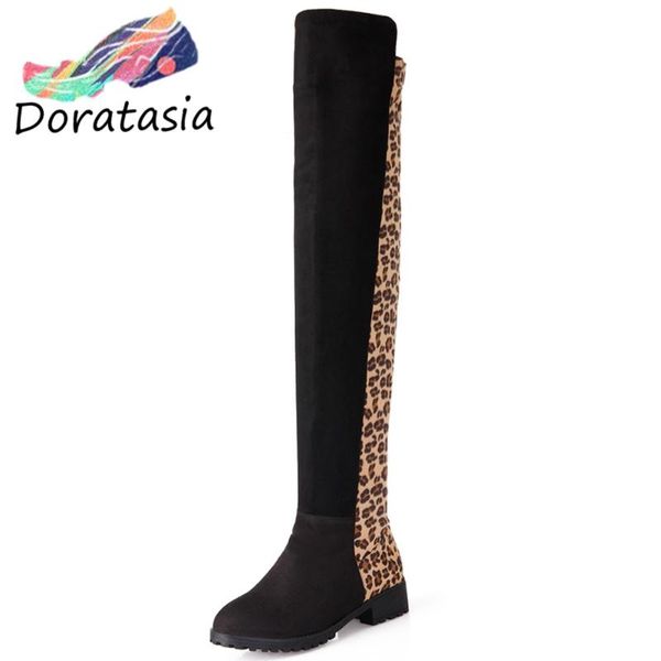 

boots doratasia classic women leopard thigh high shoes comfy low heel elegant patchwork over the knee, Black