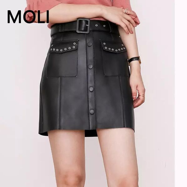 

skirts leather women 2021 fashion mini skirt with belt, Black