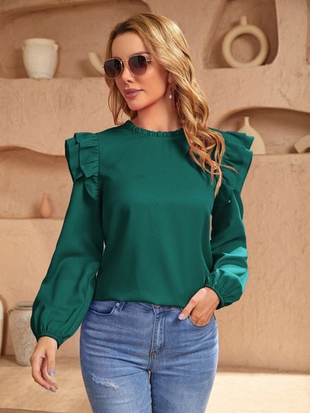 

ruffle trim bishop sleeve blouse m9rh#, White